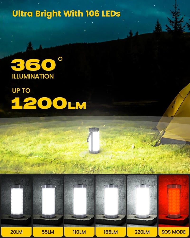 Glocusent 106 LED Camping Lights, Up to 80Hrs, 5000mAh Camping Lantern Rechargeable with 5 Brightness 3 Modes & SOS, IP68 Waterproof, Max 1200LM, Lanterns for Power Outages Hiking Emergency Hurricane - Image 2